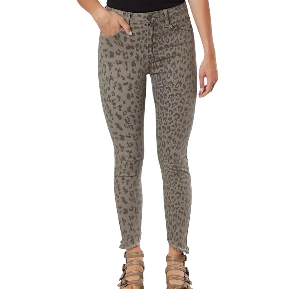 Kancan High Rise Crop Skinny Jeans Leopard Army Green Fringe Hem Size 27 NWT